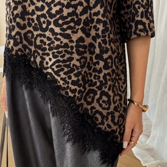 Multicolor Casual Women's Leopard Print Lace Patchwork Short Sleeve T-Shirt - Picture 8 of 9